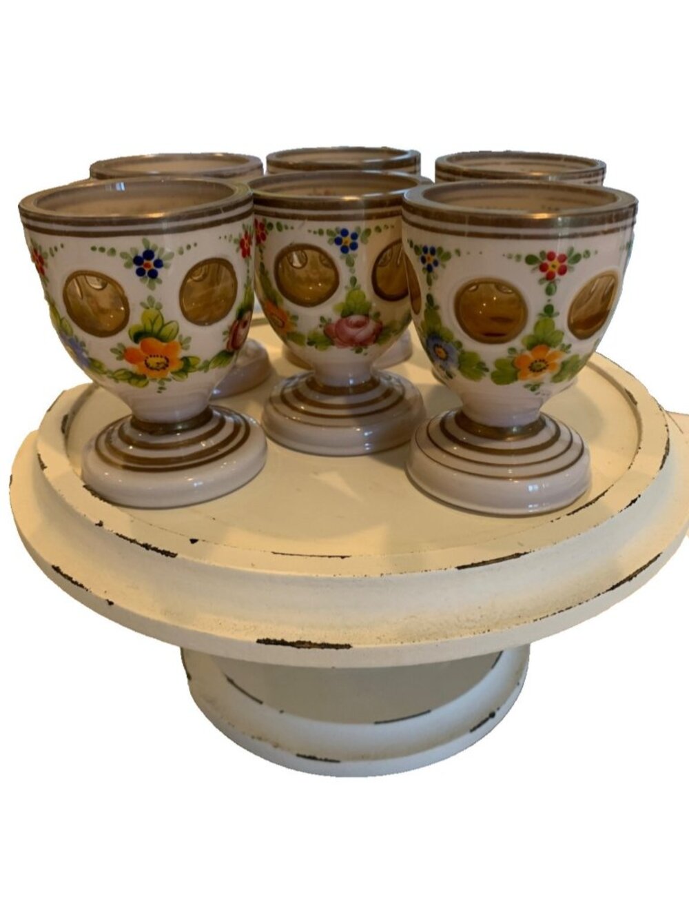 Bohemian glass wine glasses, set of 6, 3 1/2" tall, vintage, handpainted